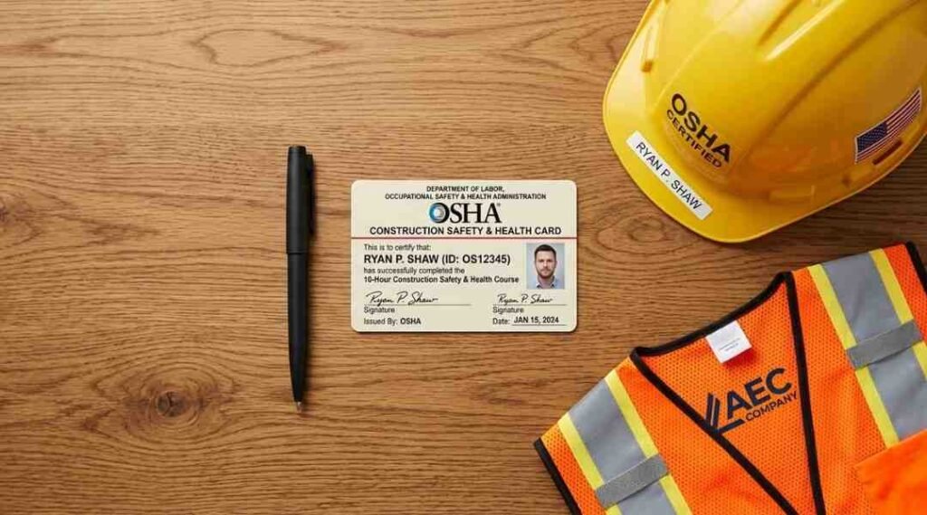 OSHA certification card alongside safety equipment representing OSHA course completion in India