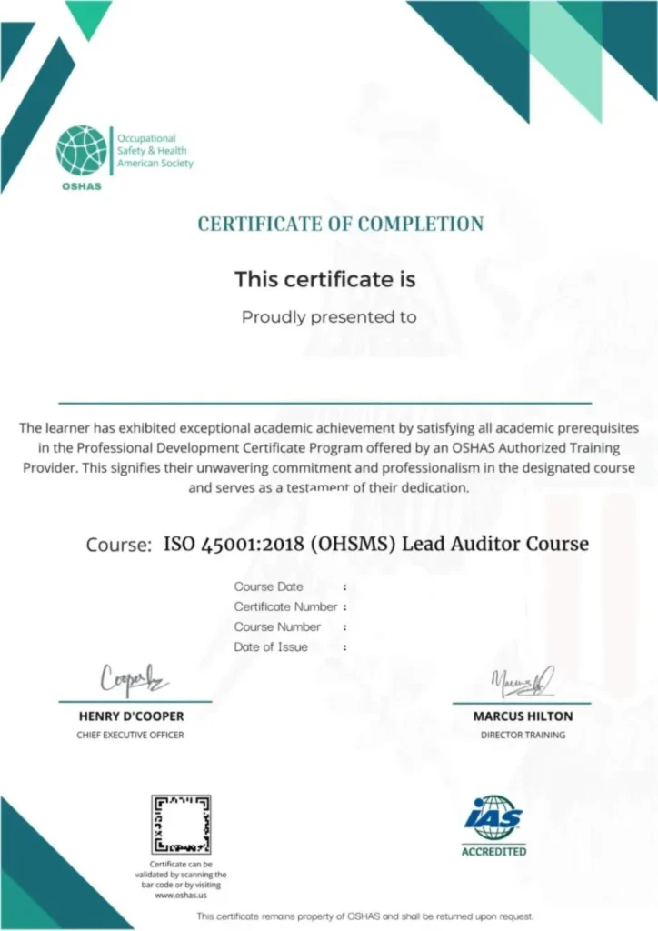 ISO 45001 Lead Auditor Course Certificate