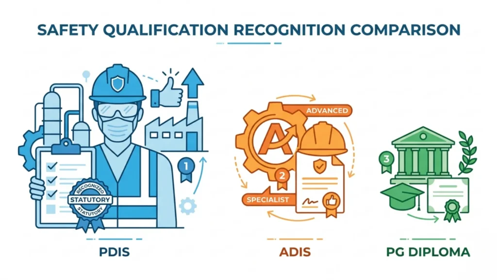Comparison chart of ADIS PDIS and PG Diploma safety courses with recognition levels