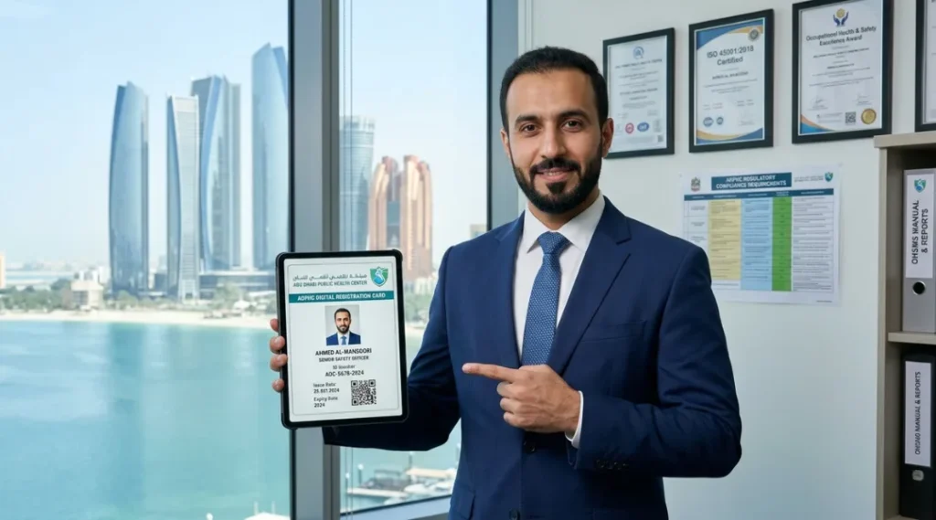 A professional safety officer presenting an ADPHC digital registration card on a tablet screen within a modern Abu Dhabi office environment.