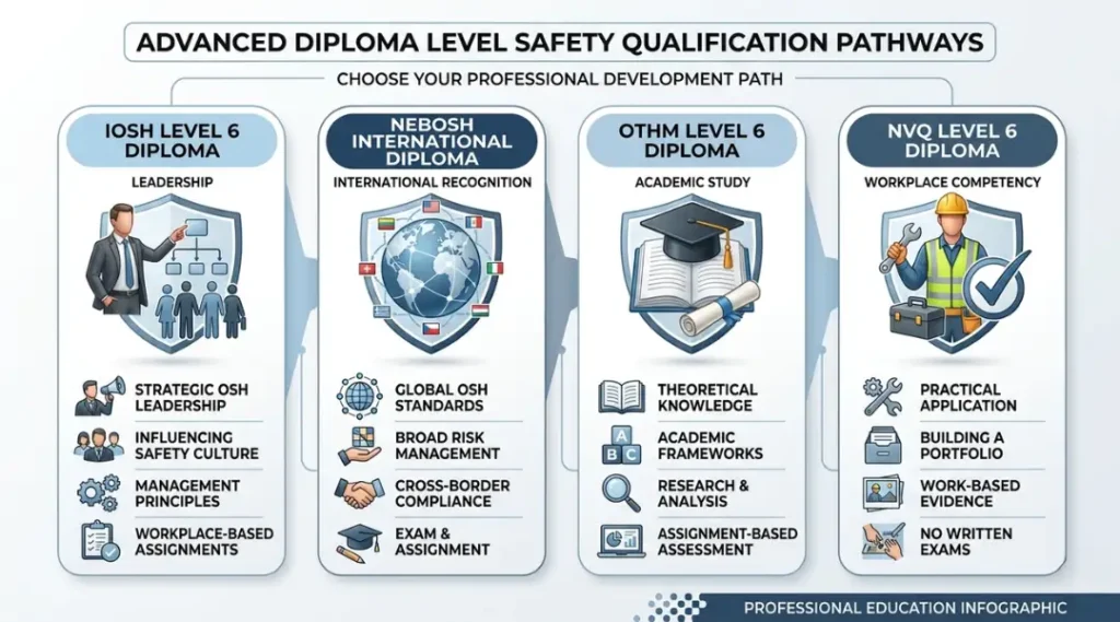 Comparison of advanced diploma level safety qualifications including IOSH NEBOSH OTHM and NVQ Level 6