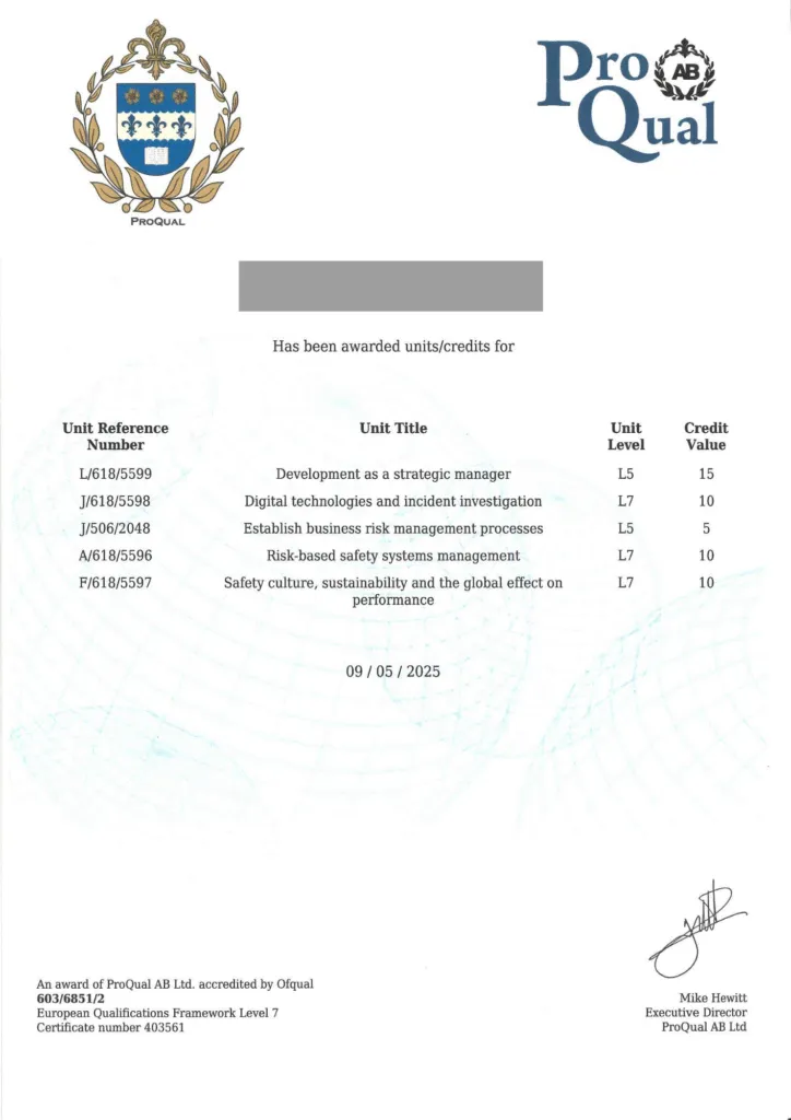 ProQual Level 7 NVQ Diploma in Strategic Health & Safety Leadership and Management