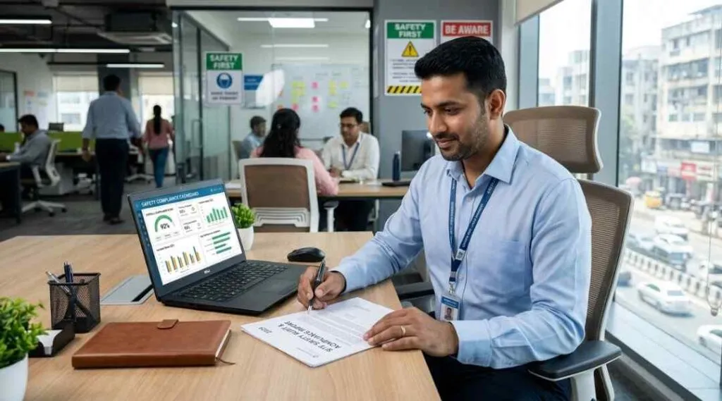 Certified HSE safety officer in India reviewing OSHA compliance documentation after completing OSHA 30-hour training