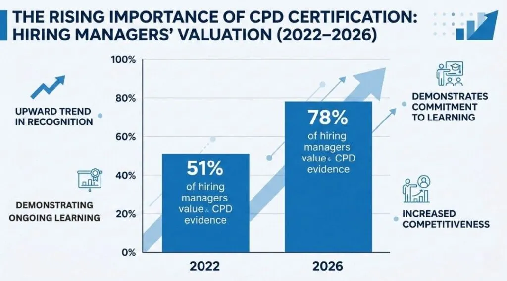 Bar chart showing increase in hiring managers valuing CPD certification from 51% in 2022 to 78% in 2026