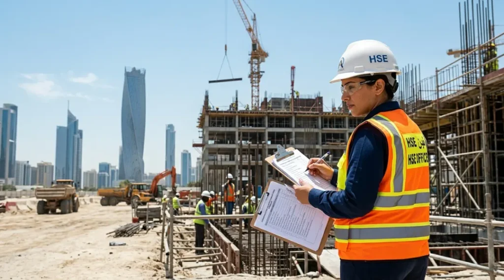 A professional HSE officer in a hard hat and high-visibility vest conducting a safety inspection on an industrial construction site in Abu Dhabi.