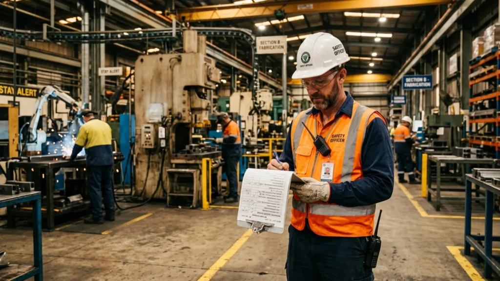 Industrial safety officer wearing hard hat and high visibility vest inspecting a factory floor with machinery
