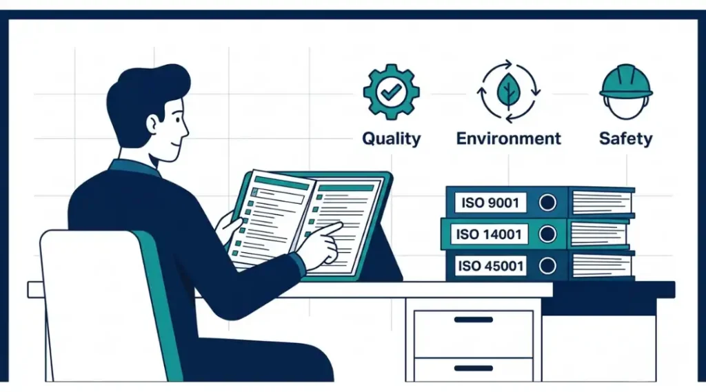 A certified internal auditor reviewing an integrated management system audit checklist in a modern office setting