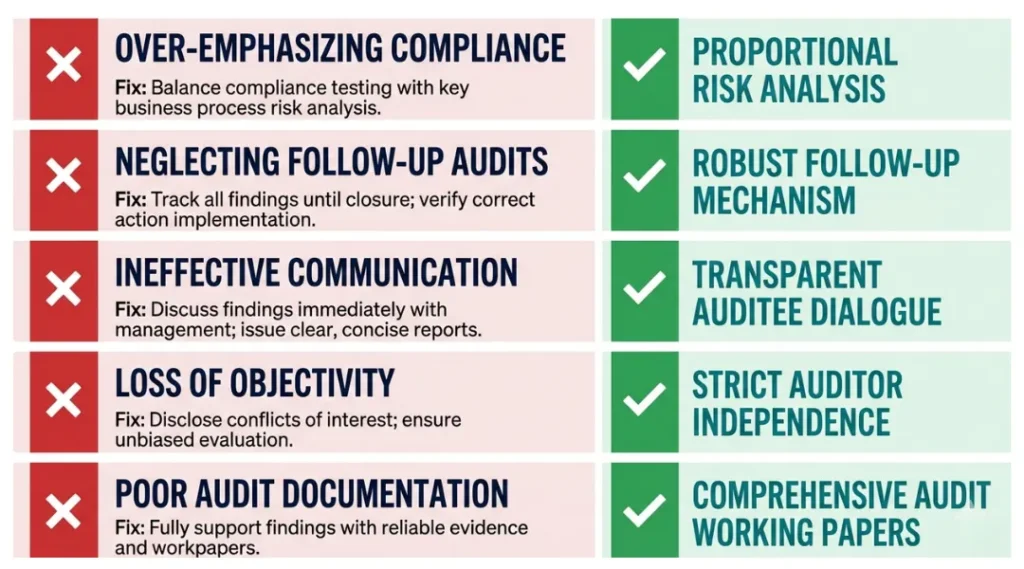 Warning infographic showing five common internal auditor mistakes and their corrections side by side