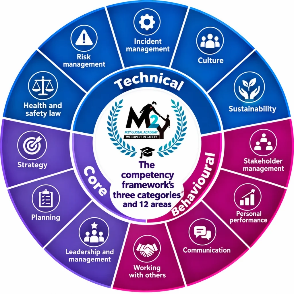 IOSH competency framework with technical, core and behavioural categories and 12 areas, by M2Y Global Academy