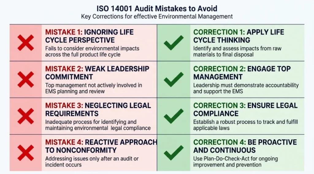 Warning infographic listing four common ISO 14001 environmental management system auditing mistakes with corrections beside each
