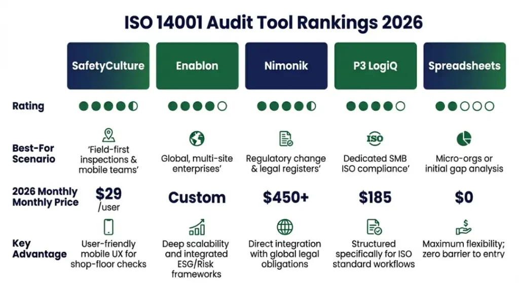 Comparison infographic of top ISO 14001 environmental audit tools including iAuditor, Enablon, Nimonik, and spreadsheet-based checklists