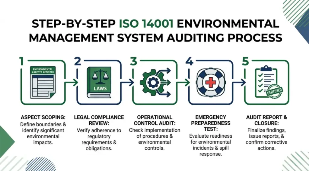 Step-by-step process diagram for ISO 14001 environmental management system auditing from aspect scoping to audit closure