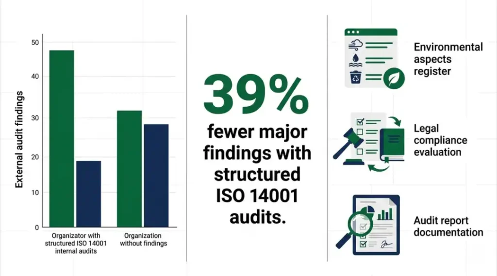 Data infographic showing how structured ISO 14001 environmental audits reduce certification failures and improve compliance outcomes in 2026