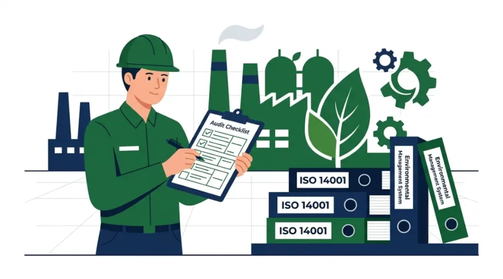 An environmental auditor reviewing an ISO 14001 environmental management system audit checklist at an industrial facility