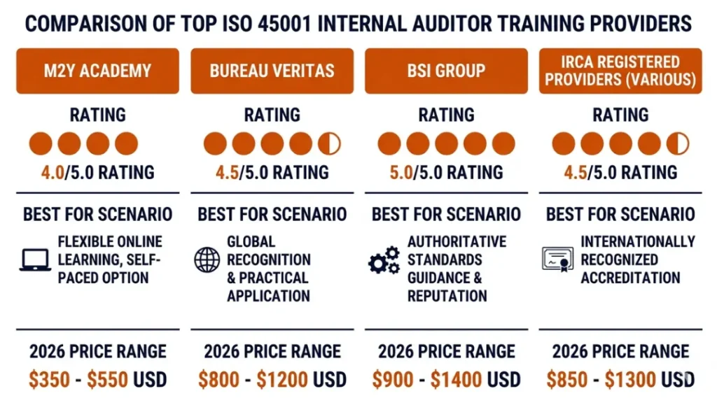 Comparison infographic of top ISO 45001 internal auditor training providers including M2Y Academy, Bureau Veritas, BSI Group, and IRCA-registered providers