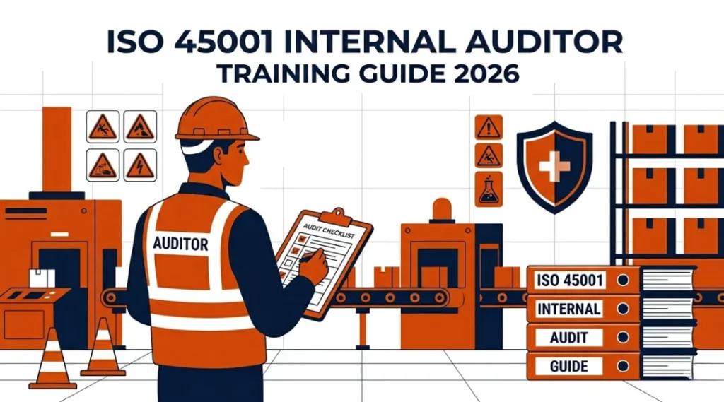 A safety auditor conducting an ISO 45001 internal audit at a manufacturing facility using a structured OH and S checklist