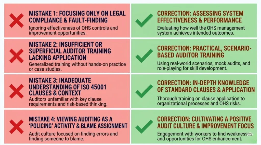 Warning infographic showing four common ISO 45001 internal auditor training mistakes and their corrections