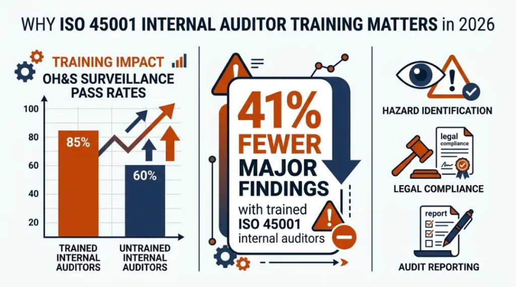 Infographic showing how ISO 45001 internal auditor training reduces surveillance failures and improves occupational health and safety audit outcomes in 2026