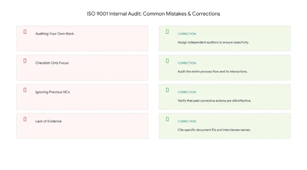 Warning infographic listing four common ISO 9001 internal audit mistakes with red X indicators and green checkmark corrections beside each