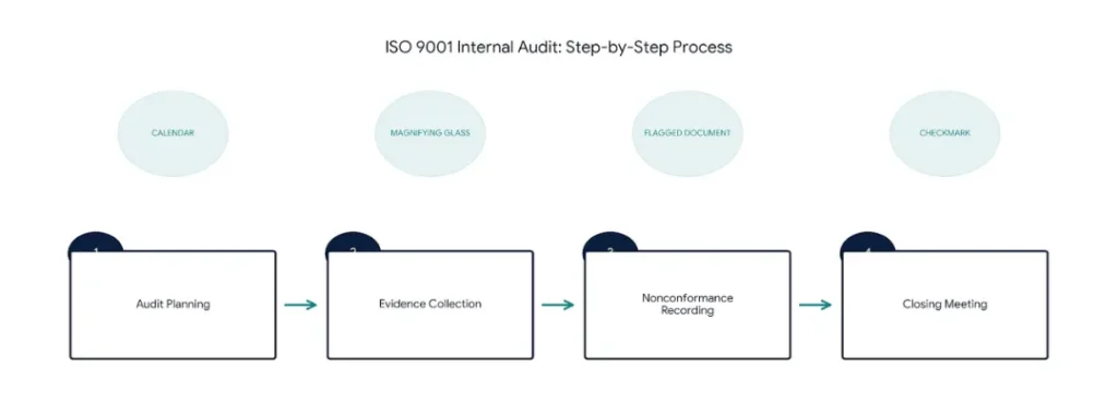 Step-by-step process diagram for conducting an ISO 9001 internal audit from planning to closing meeting