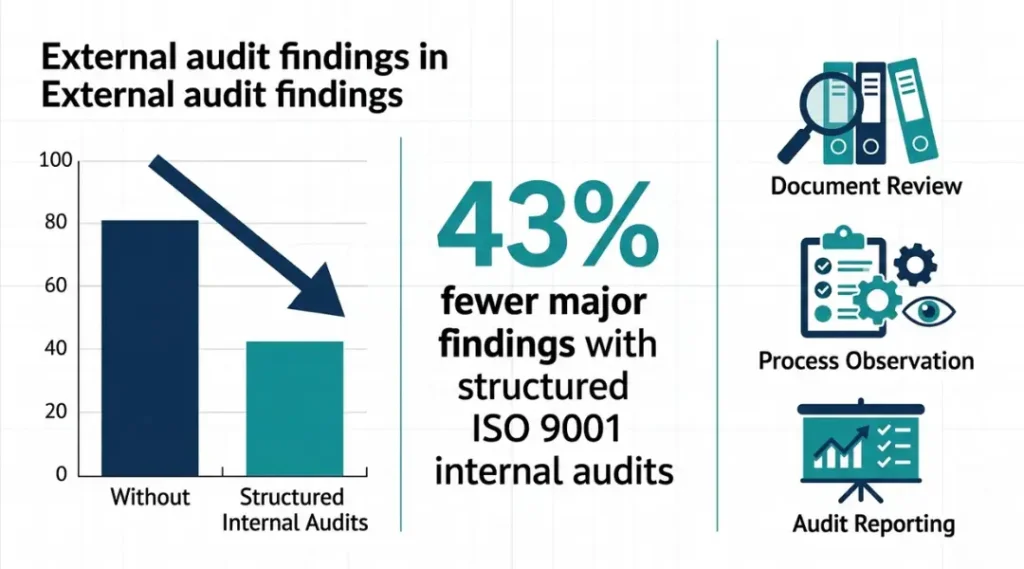 Infographic showing how ISO 9001 internal audits reduce external certification findings and improve quality outcomes in 2026