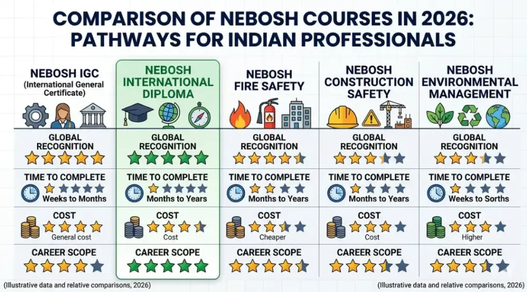 Comparison of NEBOSH courses including IGC, Diploma, and specialist certificates for Indian professionals