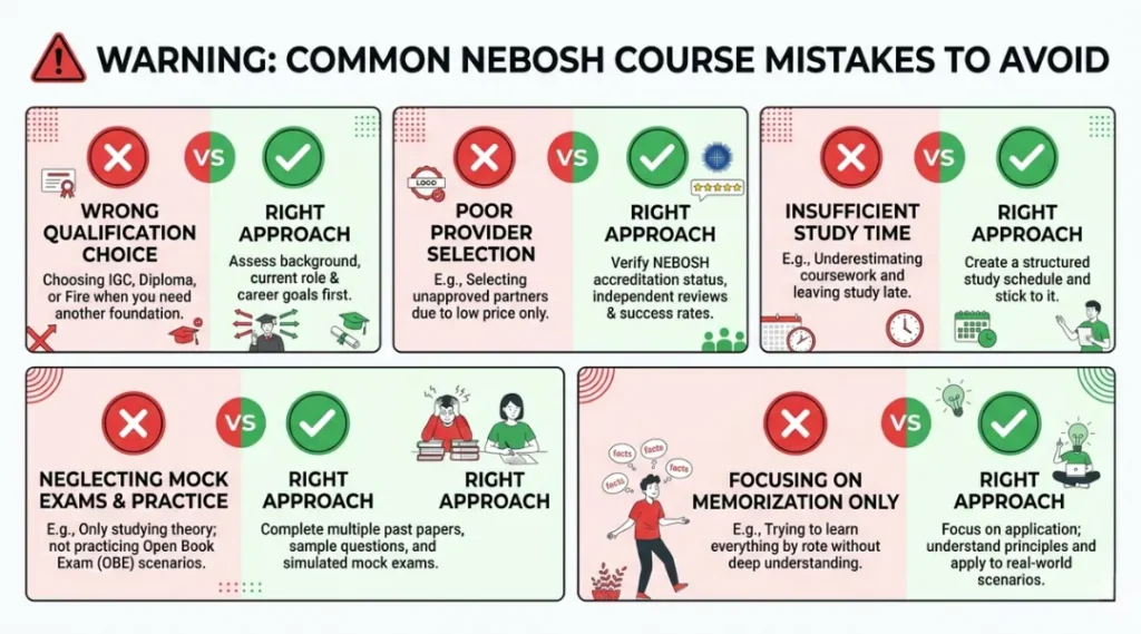 Common NEBOSH course mistakes to avoid including wrong qualification choice and poor provider selection