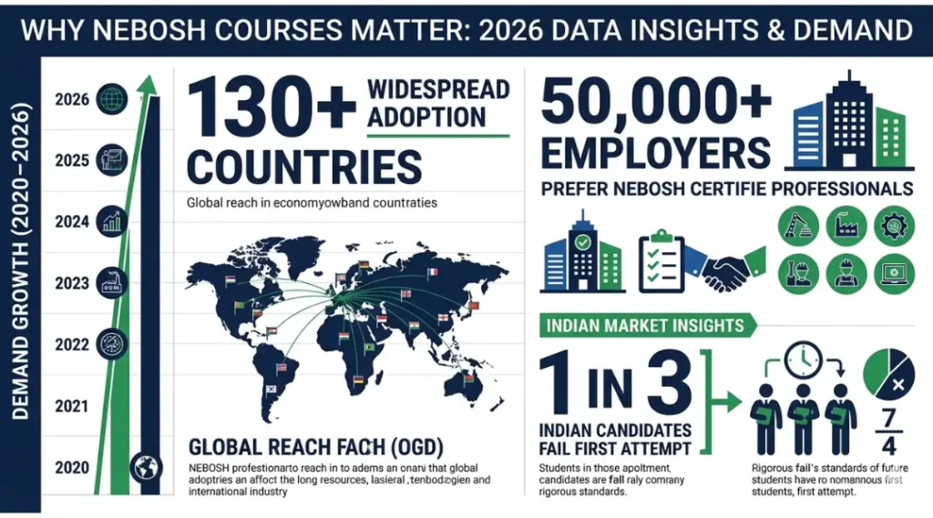Data infographic showing NEBOSH course demand growth and employer requirements in 2026