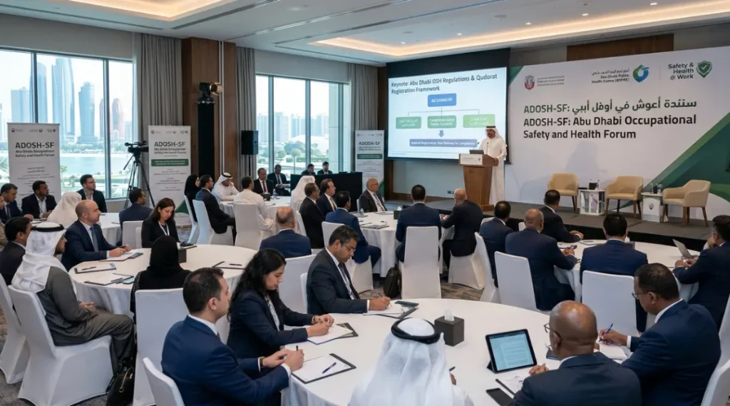 A large, diverse group of OSH professionals attending a formal seminar in Abu Dhabi regarding the Qudorat registration framework and safety regulations.