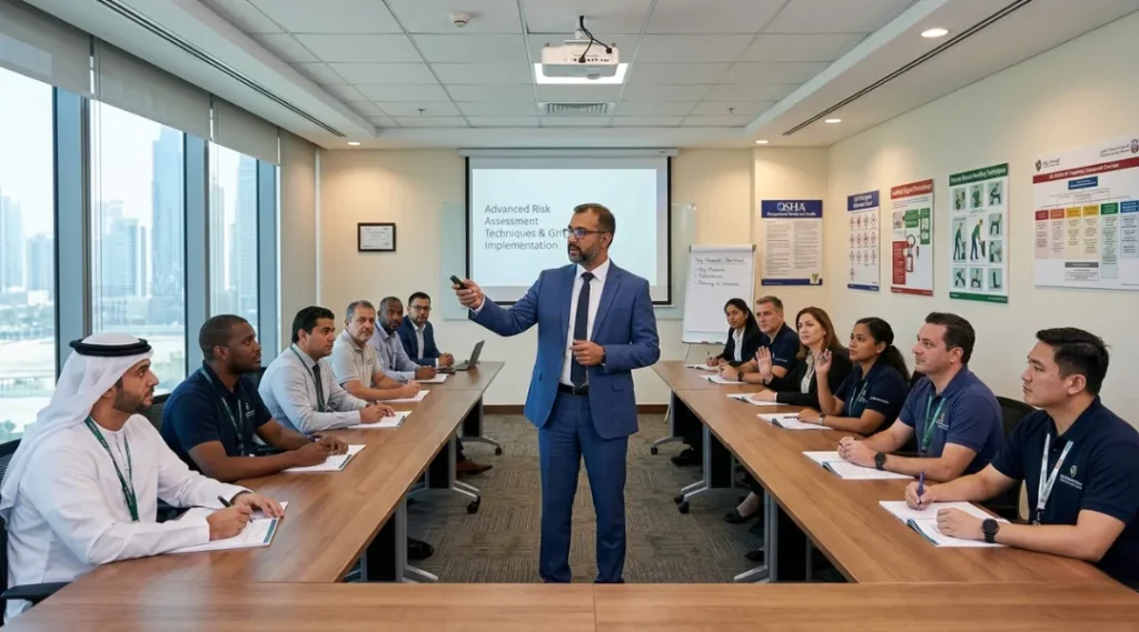 A qualified OSH trainer delivering a technical safety management session to a diverse group of international safety officers in a modern facility.