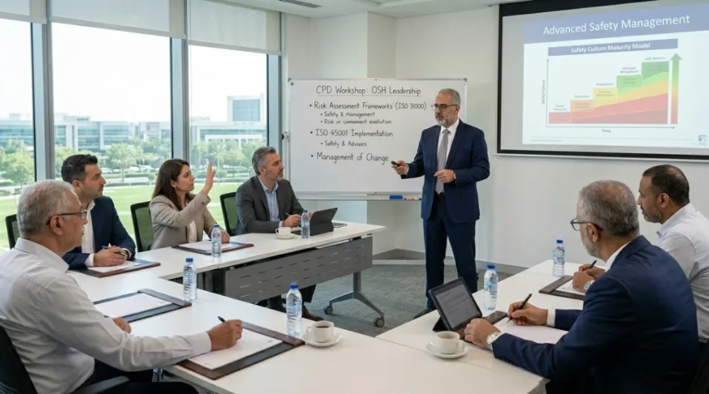 A group of experienced safety professionals attending a Continuing Professional Development (CPD) workshop led by a qualified trainer in a corporate training room.