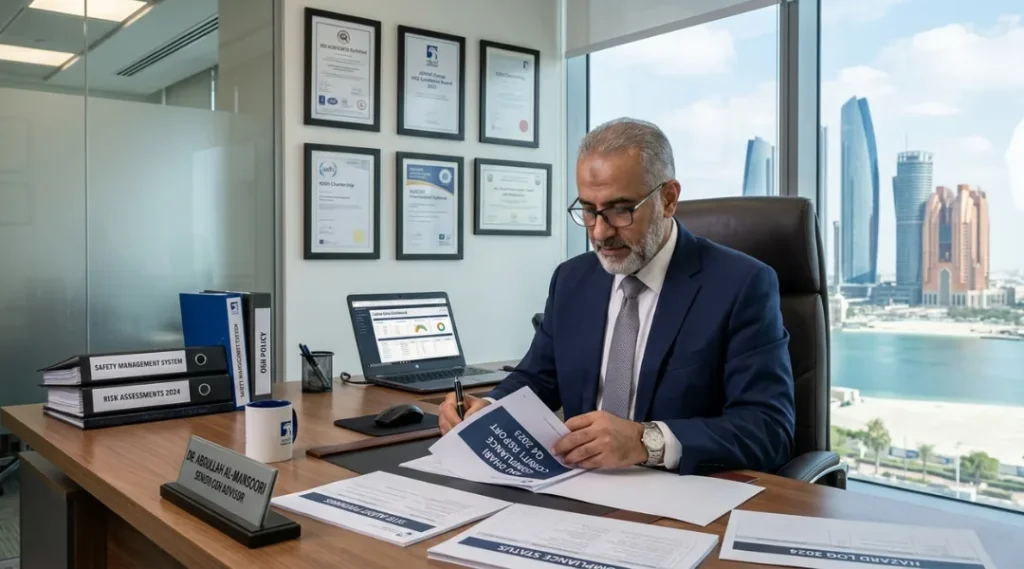 A senior occupational safety and health professional in a formal suit reviewing safety documentation and compliance reports at a modern desk with the Abu Dhabi skyline in the background.